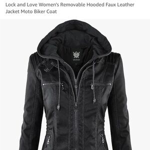 Lock & Love black moto bike hoodie faux leather jacket removable hood XL
